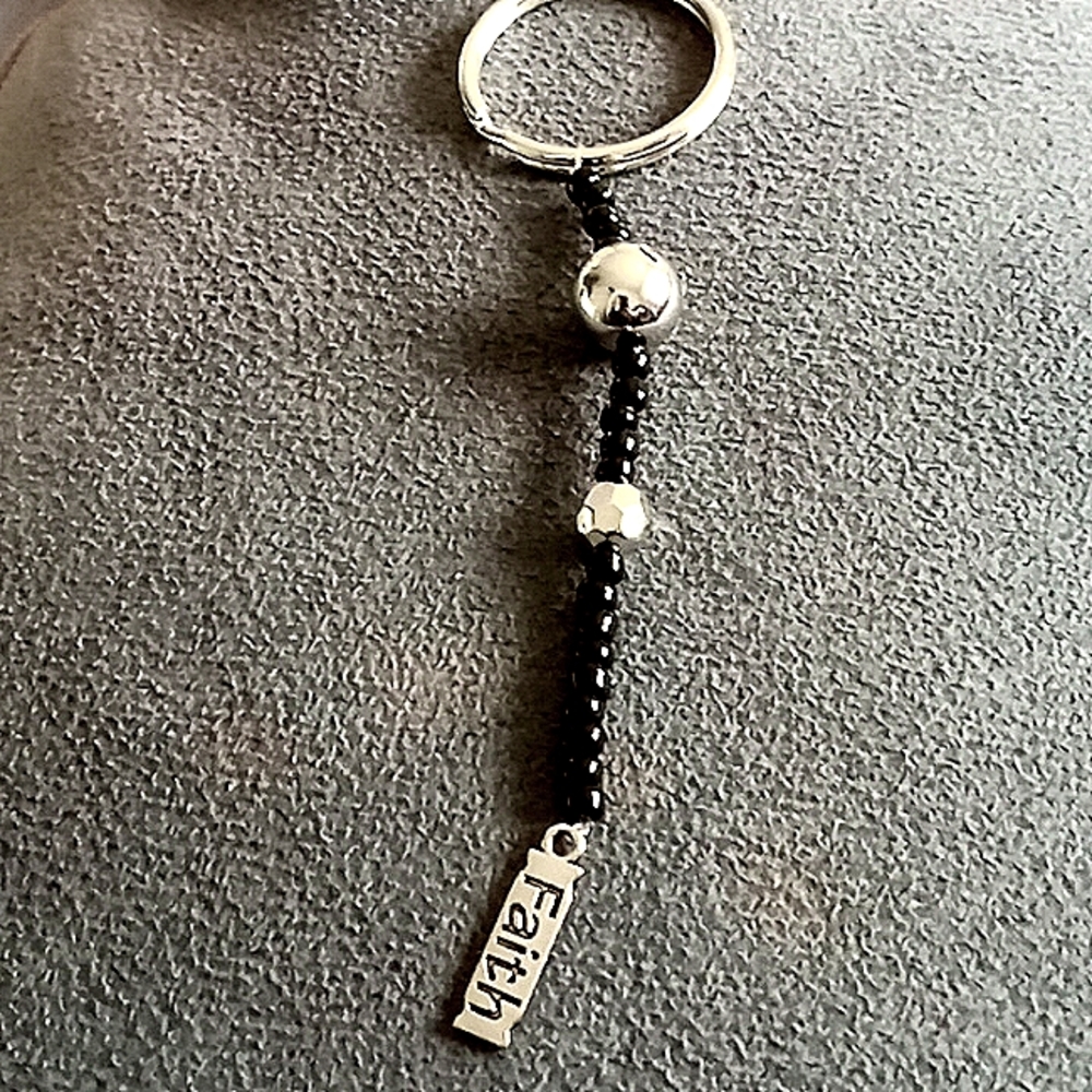 hand crafted Silver plated FAITH essential Keychain key ring black and silver